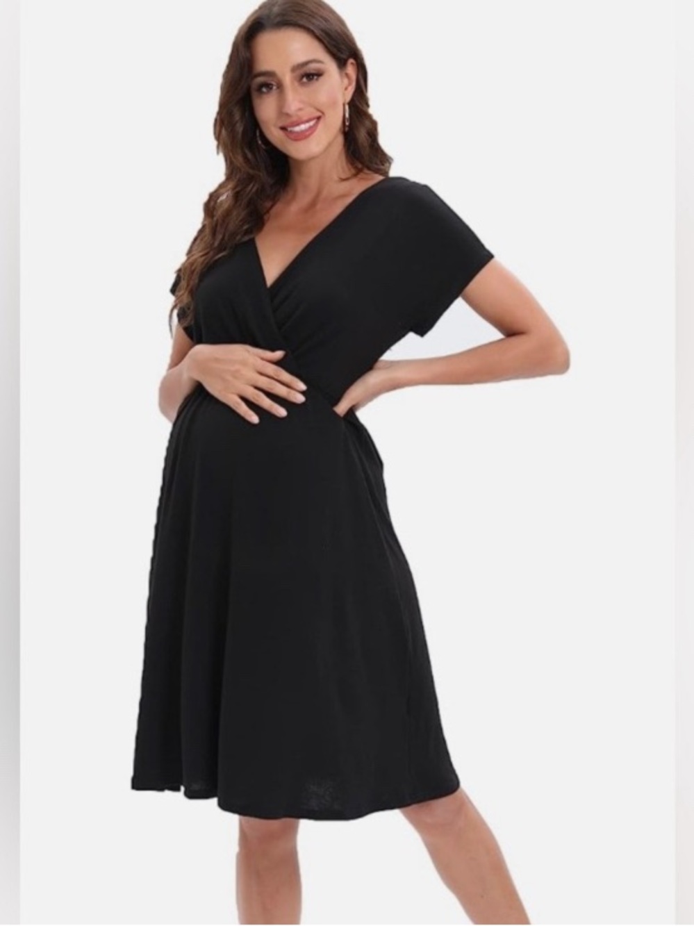 duo Maternity Black Short Sleeve Dress, size, medium, V-neck, stretch